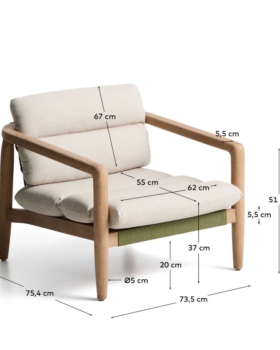 Menfi armchair in solid acacia wood and green rope cord