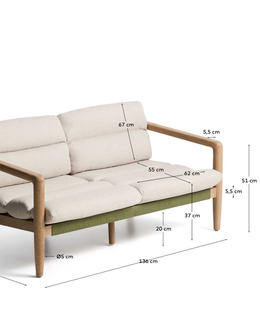 Menfi sofa in solid acacia wood and green rope cord 136cm
