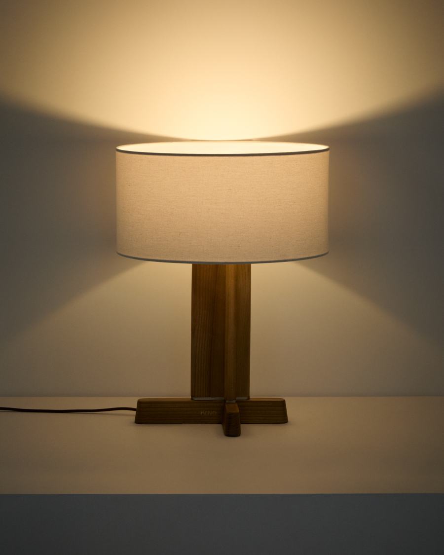 Niani table lamp in rubber wood with clear finish and ivory-coloured cotton lamp shade Ø30cm