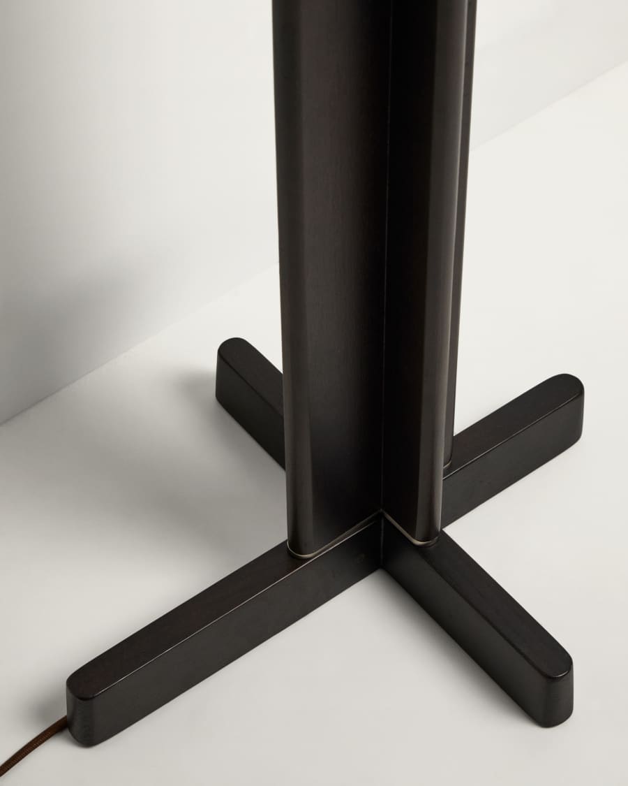 Niani floor lamp in rubber wood with dark finish and ivory-coloured cotton lamp shade with UK adaptor