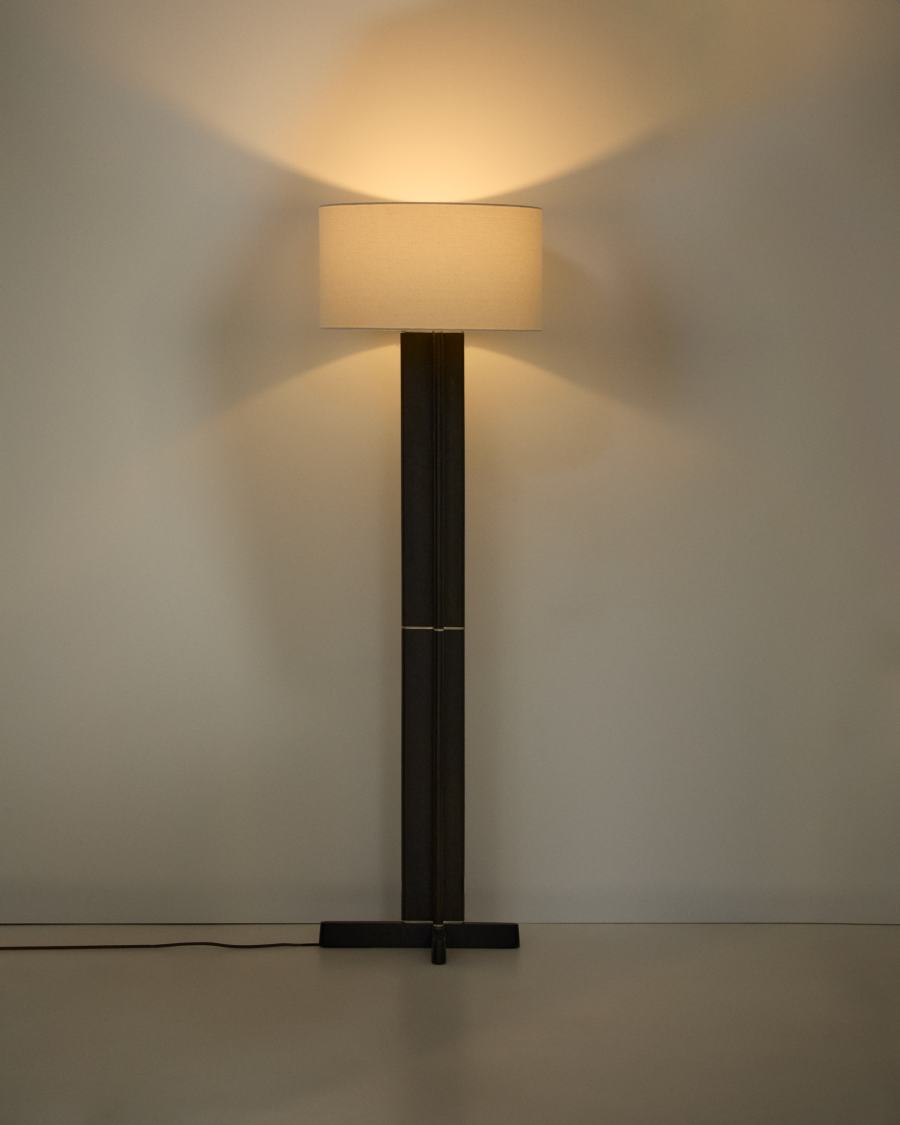 Niani floor lamp in rubber wood with dark finish and ivory-coloured cotton lamp shade with UK adaptor