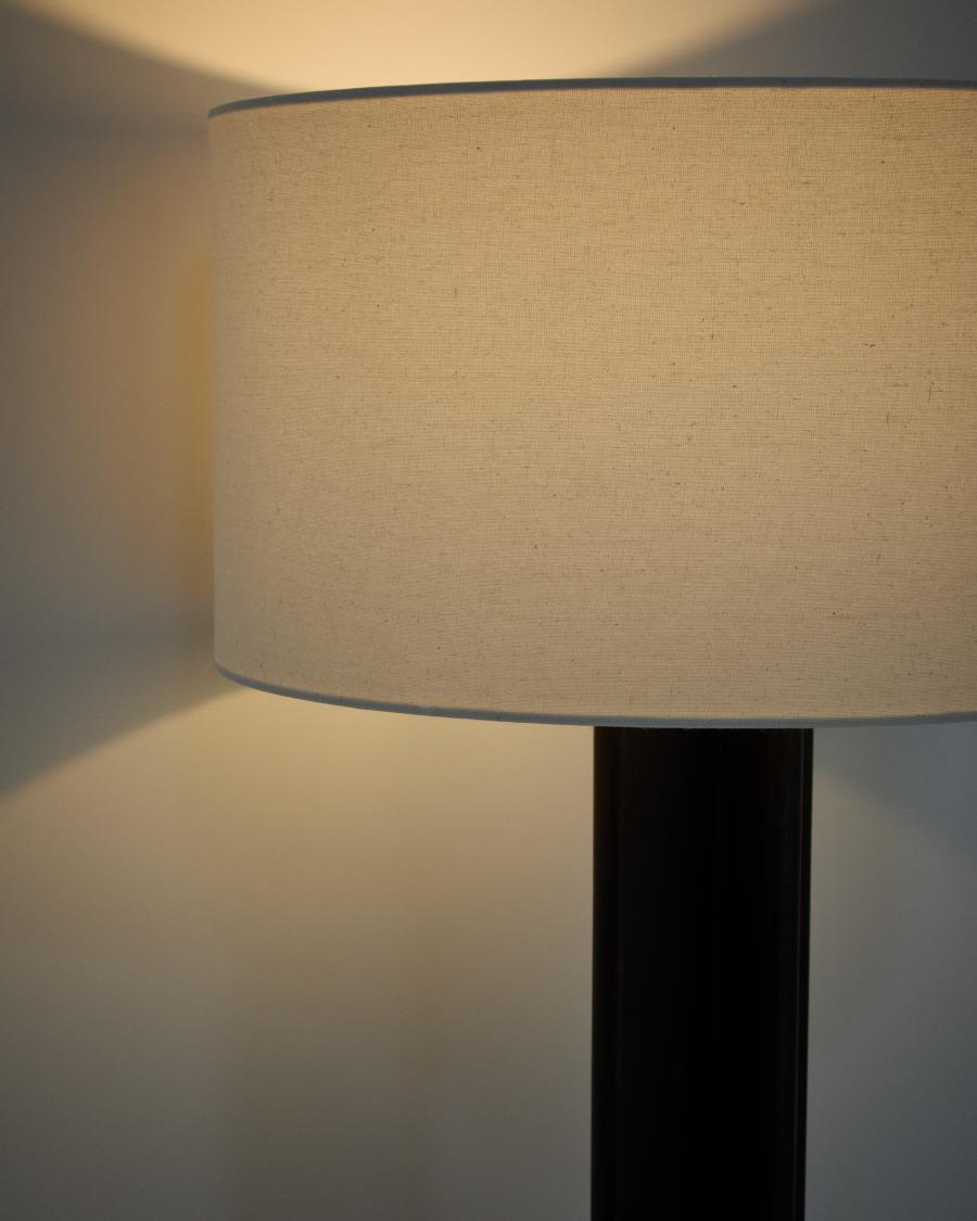 Niani floor lamp in rubber wood with dark finish and ivory-coloured cotton lamp shade with UK adaptor