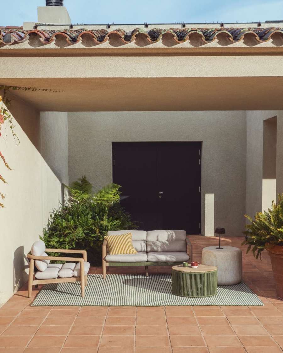 Menfi sofa in solid acacia wood and green rope cord 136cm