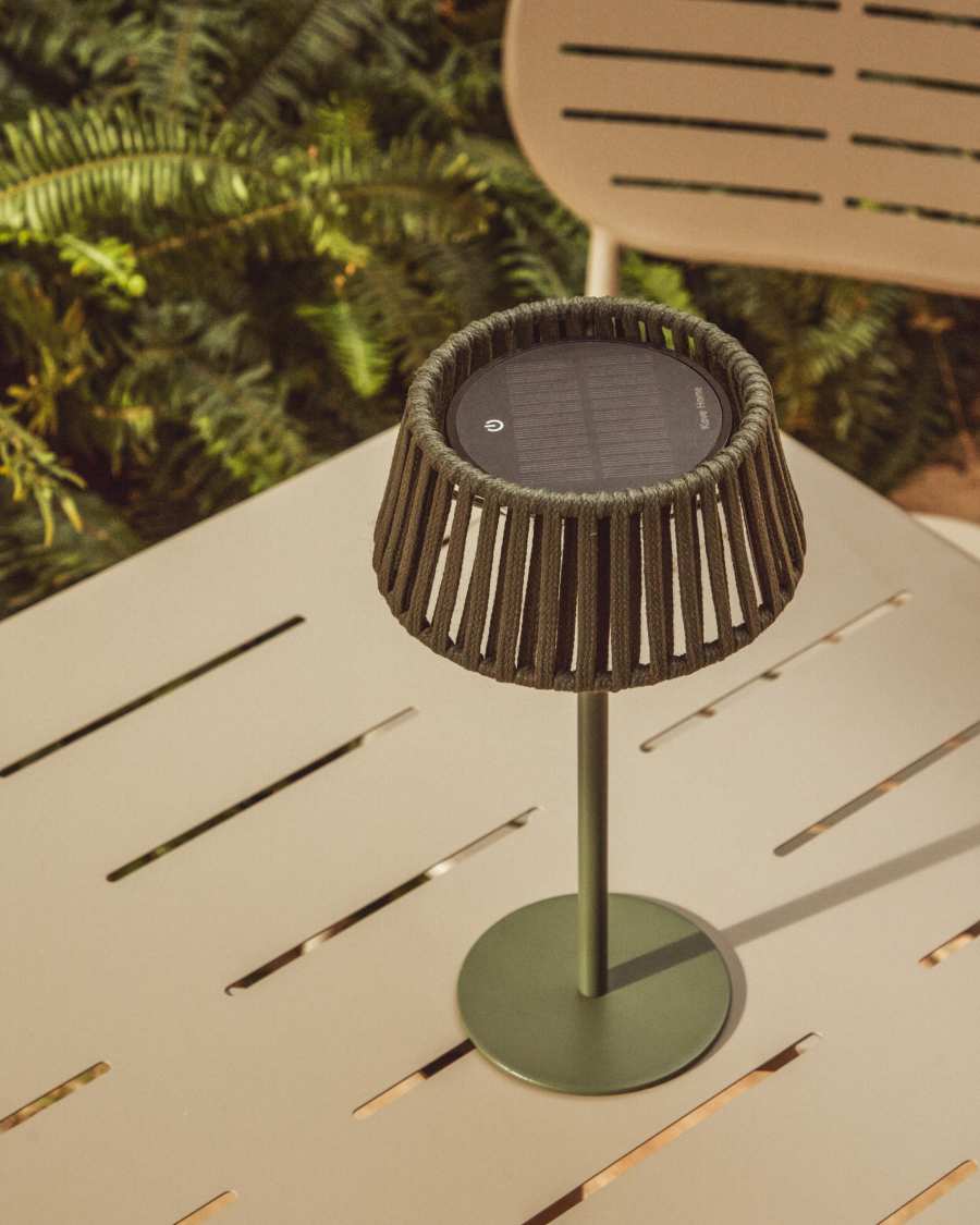 Aldet outdoor solar table lamp in green flat rope cord with metal stand