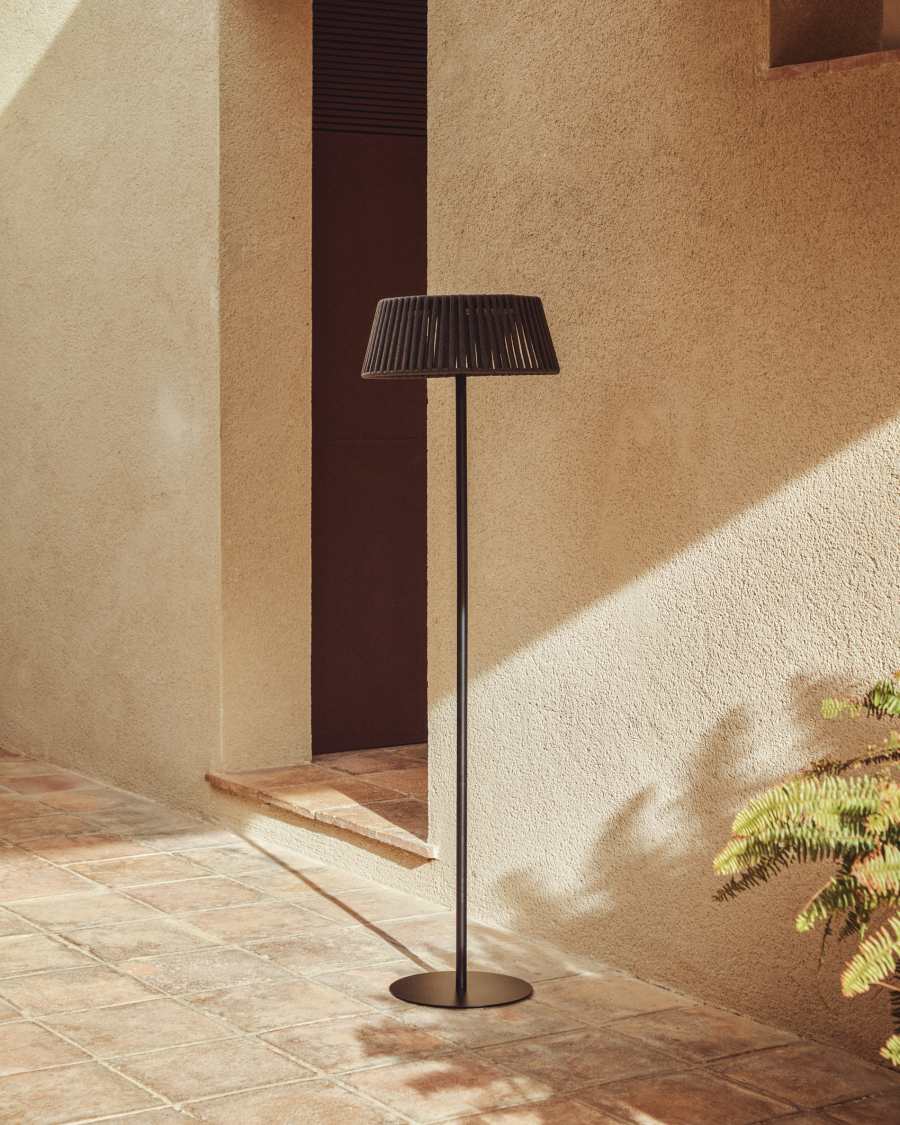 Aldet outdoor solar floor lamp in black flat rope cord with metal base Ø46cm