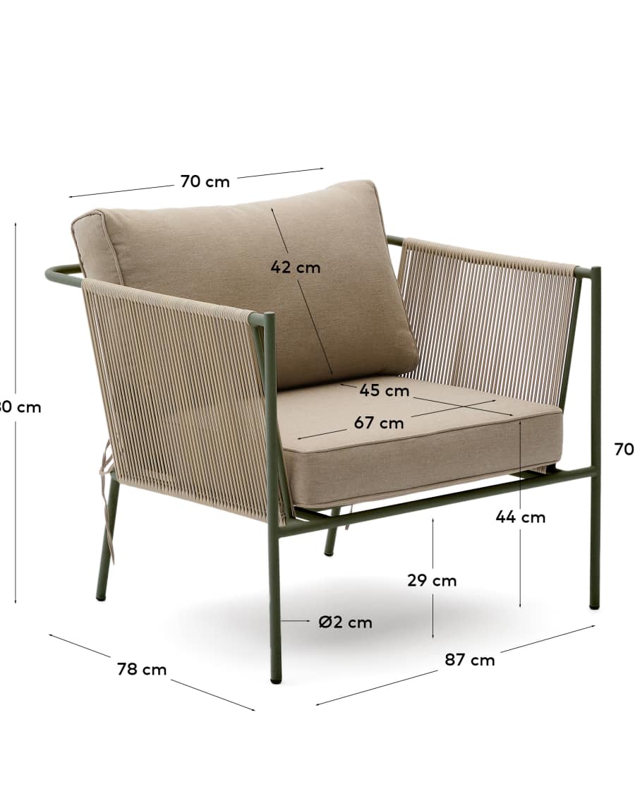 Outdoor-Sessel Zivia aus écrufarbenem Seil und grün verzinktem Stahl