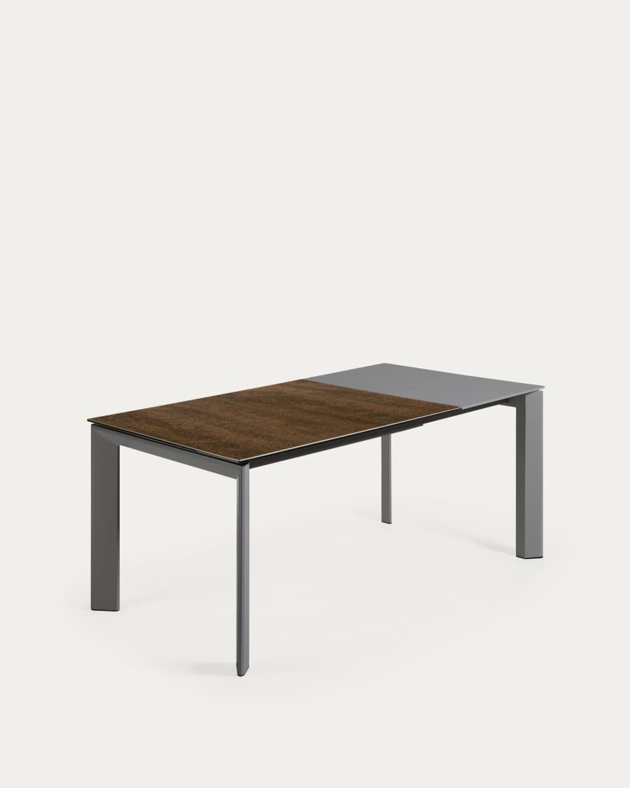Axis extendable porcelain table with Iron Corten finish and dark grey legs, 120 (180) cm