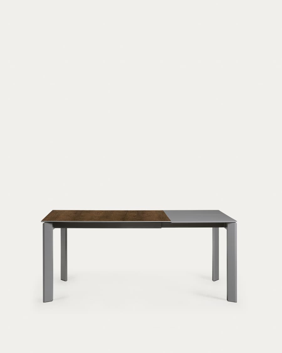 Axis extendable porcelain table with Iron Corten finish and dark grey legs, 120 (180) cm