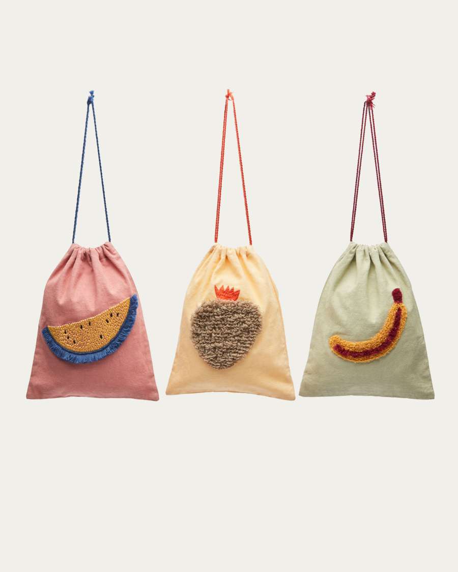 Amarantha set of 3 100% multicolour cotton afternoon snack bags with fruit prints