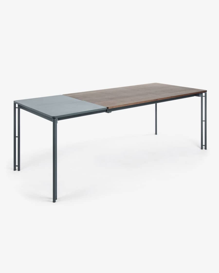 Kesia walnut veneer extendable table and steel legs in a black finish, 160 (220) x 90 cm