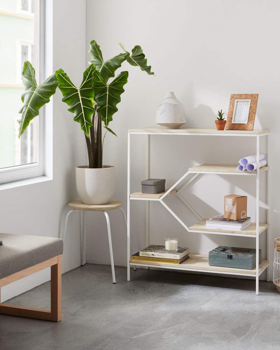 Reposes-pieds Ren en bois de manguier et pieds en acier avec finition blanche