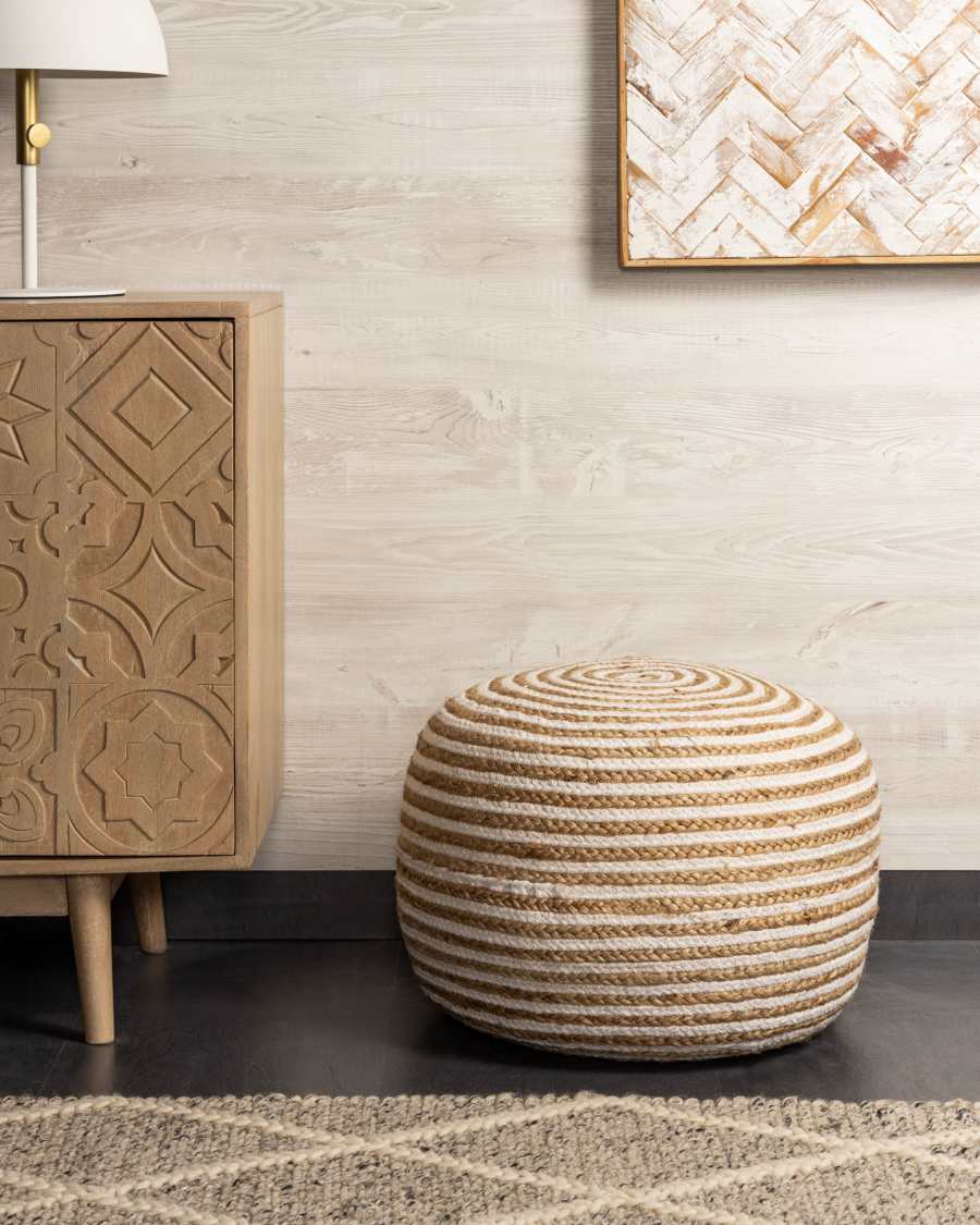 Puf Saht de yute y algodón blanco y natural Ø 50 cm