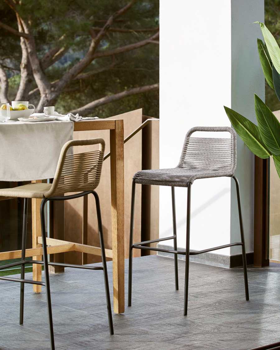 Tabouret Lambton en corde grise et acier finition noire hauteur 74 cm