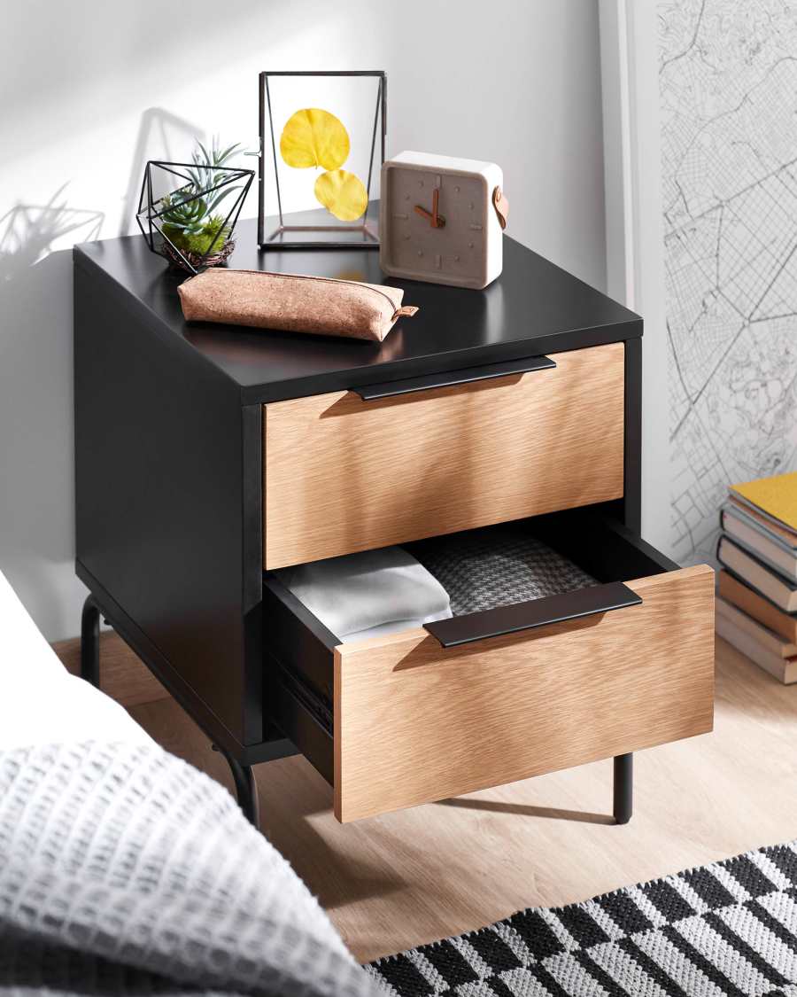 Table de chevet Savoi MDF laqué noir et acier finition noire 42 x 50 cm