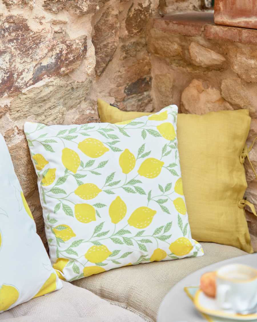 Funda coixí Etel 100% cotó llimones groc i fulles verd 45 x 45 cm