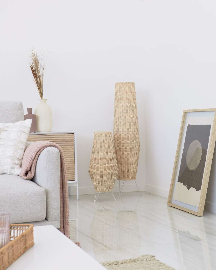 Lightbox Lampada Da Terra A Treppiede In Bambù Bianco - Altezza 155cm, Paralume 62cm, Attacco E27, Interruttore A Pedale, Per Camere Da Letto E Soggiorno