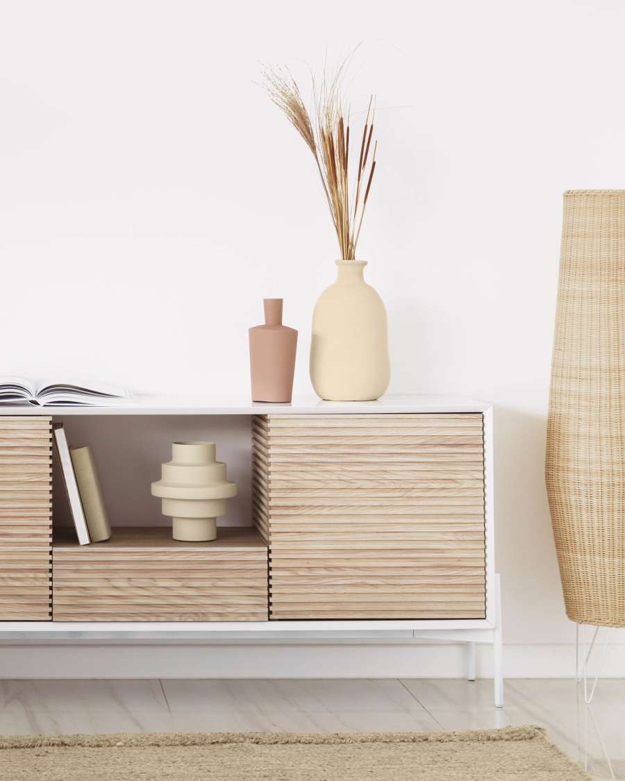 Marielle 3 door 1 drawer sideboard in ash veneer w/ white lacquer & metal, 207 x 69 cm