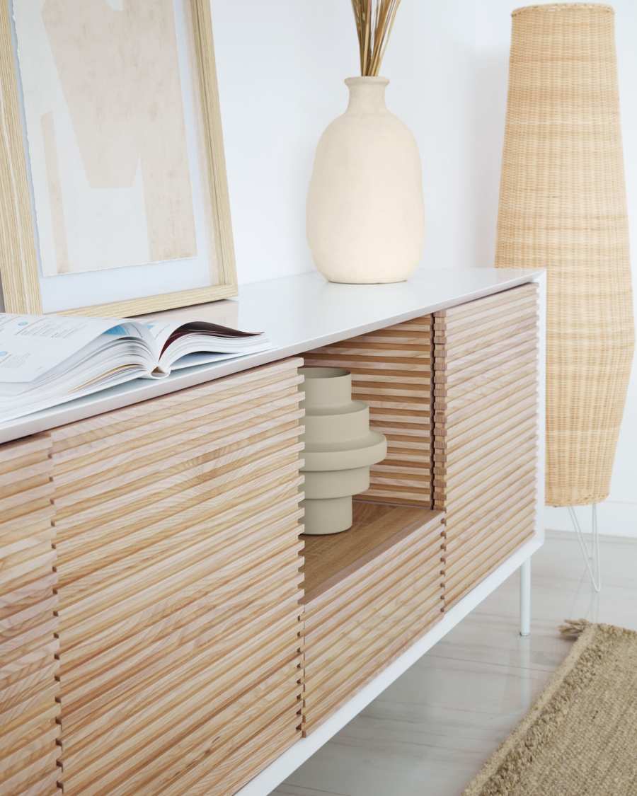 Marielle 3 door 1 drawer sideboard in ash veneer w/ white lacquer & metal, 207 x 69 cm