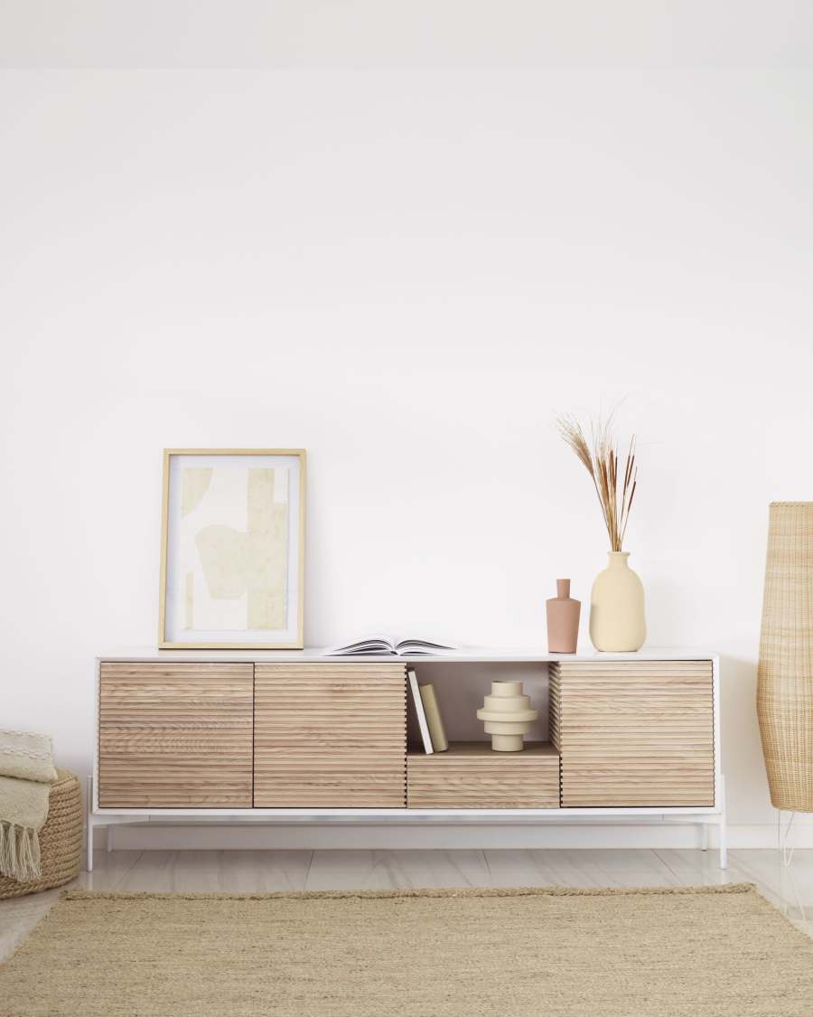 Marielle 3 door 1 drawer sideboard in ash veneer w/ white lacquer & metal, 207 x 69 cm