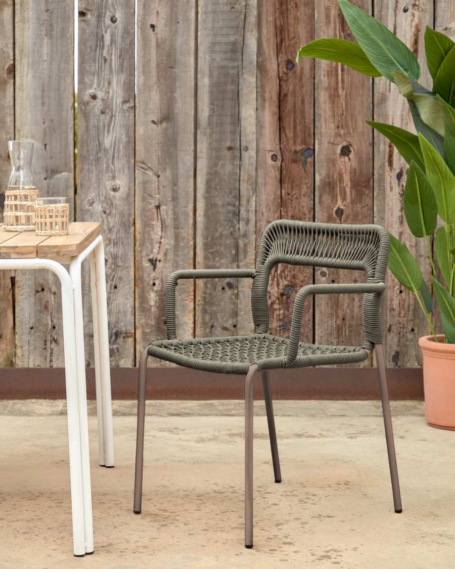 Cailin stackable chair in green cord with galvanised steel legs painted dark green