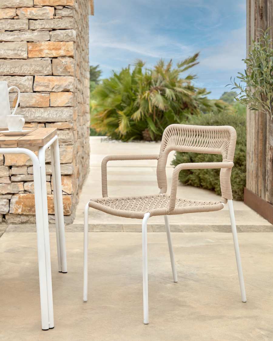 Cailin stackable chair in beige cord with galvanised steel legs painted white