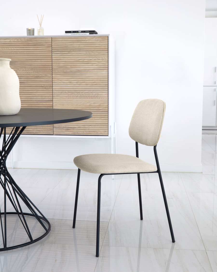 Benilda stackable beige chair with oak veneer and steel with black finish FSC Mix Credit