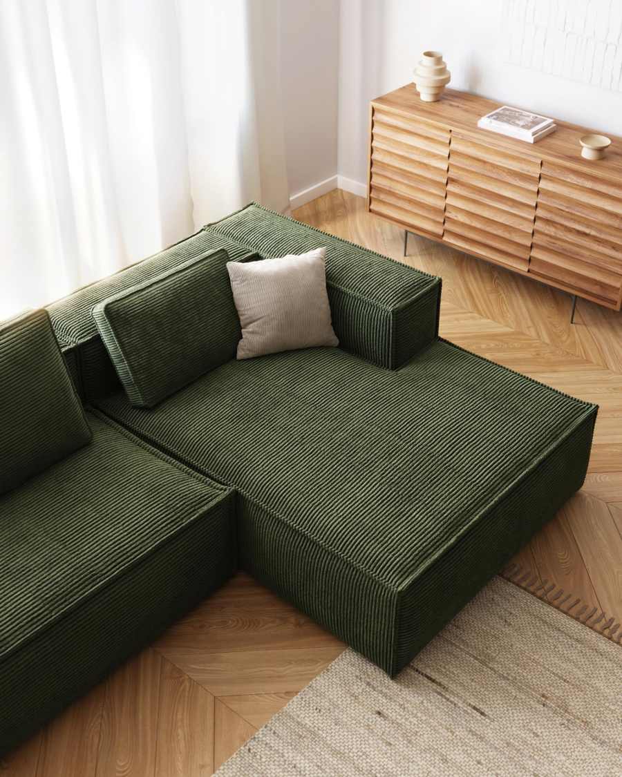 Blok fire-retardant 3-seater sofa with right chaise longue in thick green corduroy 300cm