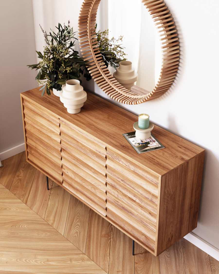 Creenza Delsie 3 ante in legno massello di acacia e acciaio verniciato nero 147 x 81 cm