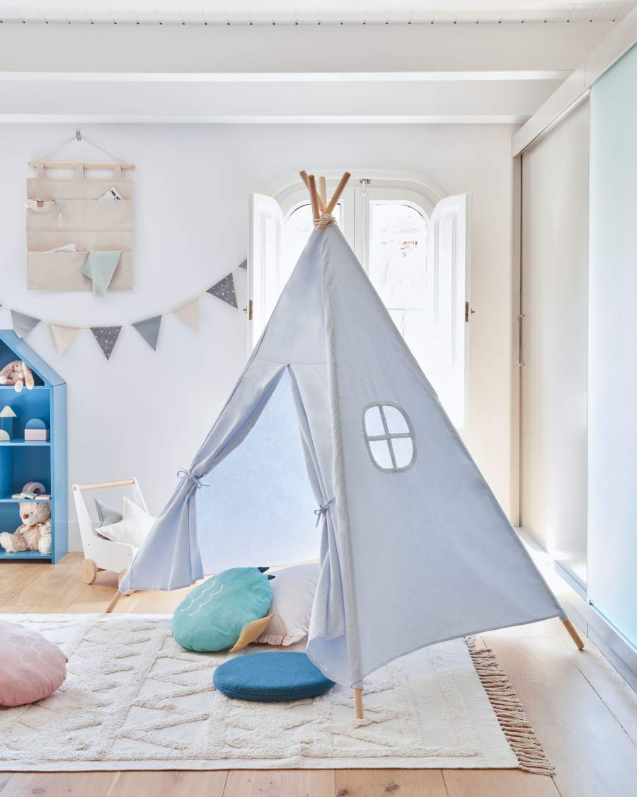 Tipi Darlyn 100 % coton bleu et pieds en bois de pin