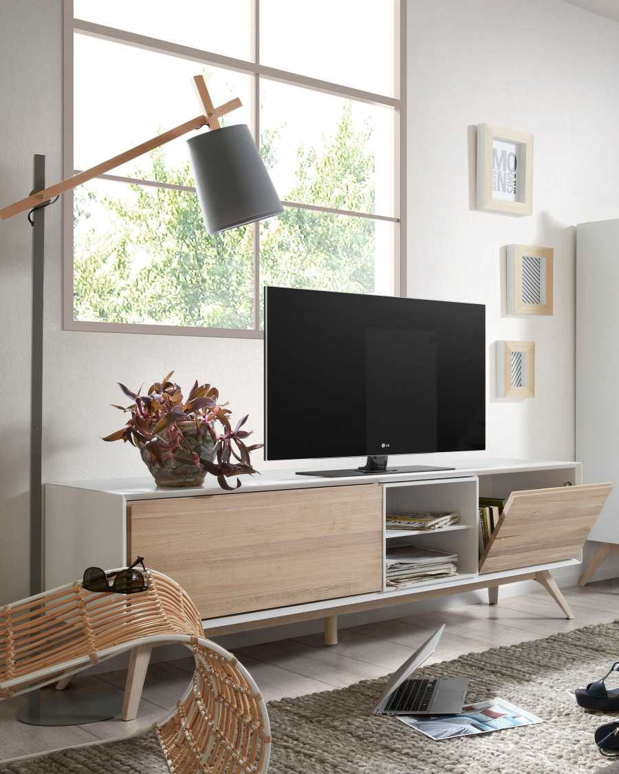 Eunice ash wood veneer and white lacquer TV stand with 2 doors, 174 x 56 cm