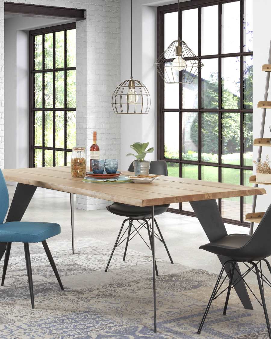 Koda oak veneer table with natural finish and steel legs with black finish 220 x 100 cm