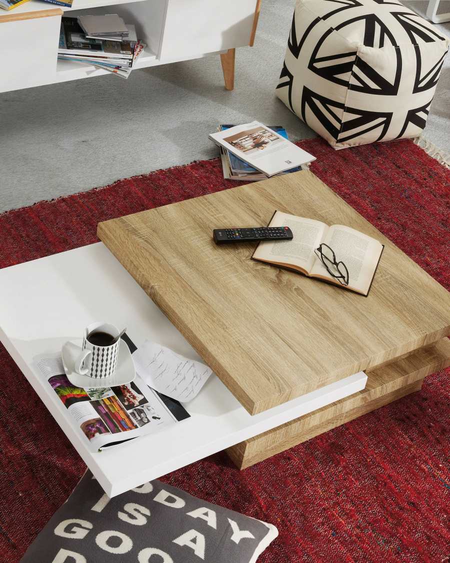 Kiu Couchtisch MDF mit Eiche-Effekt und weiß lackiertes MDF 70 (106) x 70 cm