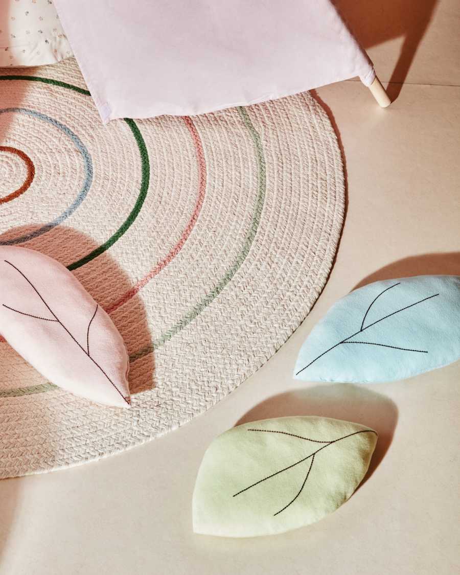 Daney set of 3 leaf-shaped cushions in pink, green and blue organic GOTS-certified cotton