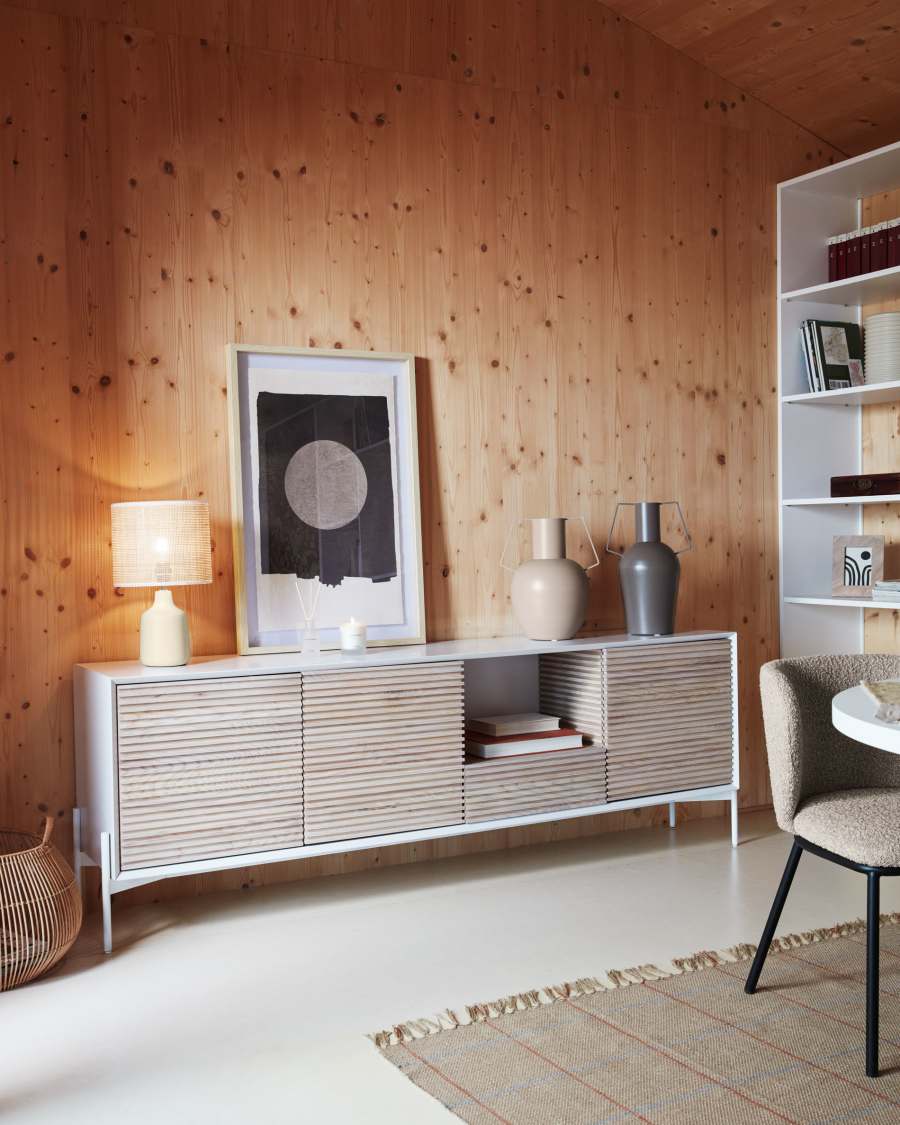 Marielle 3 door 1 drawer sideboard in ash veneer w/ white lacquer & metal, 207 x 69 cm