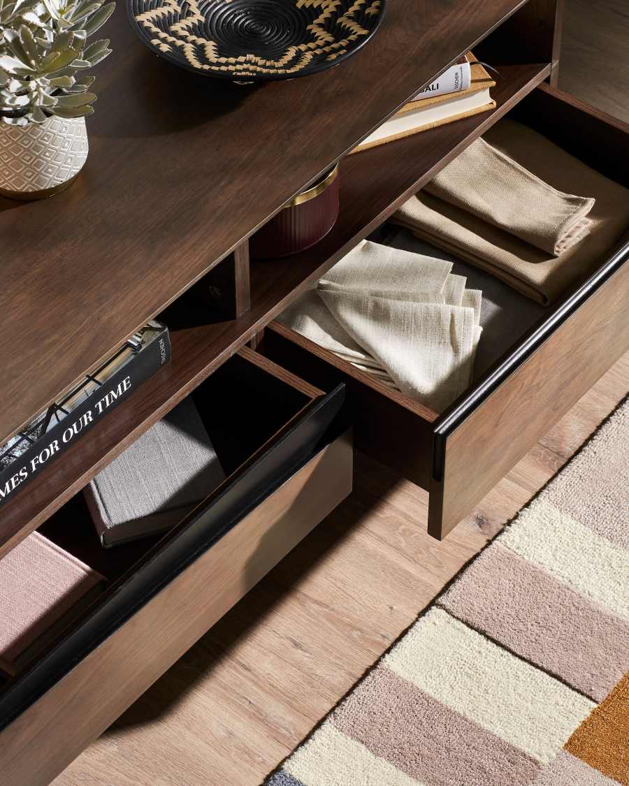 Cutt American walnut veneer TV stand with drawers and black finish steel, 180 x 56 cm