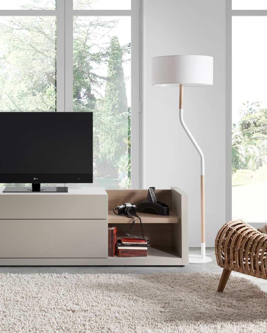 DE TV stand with white lacquer and oak veneer details 170 x 52 cm