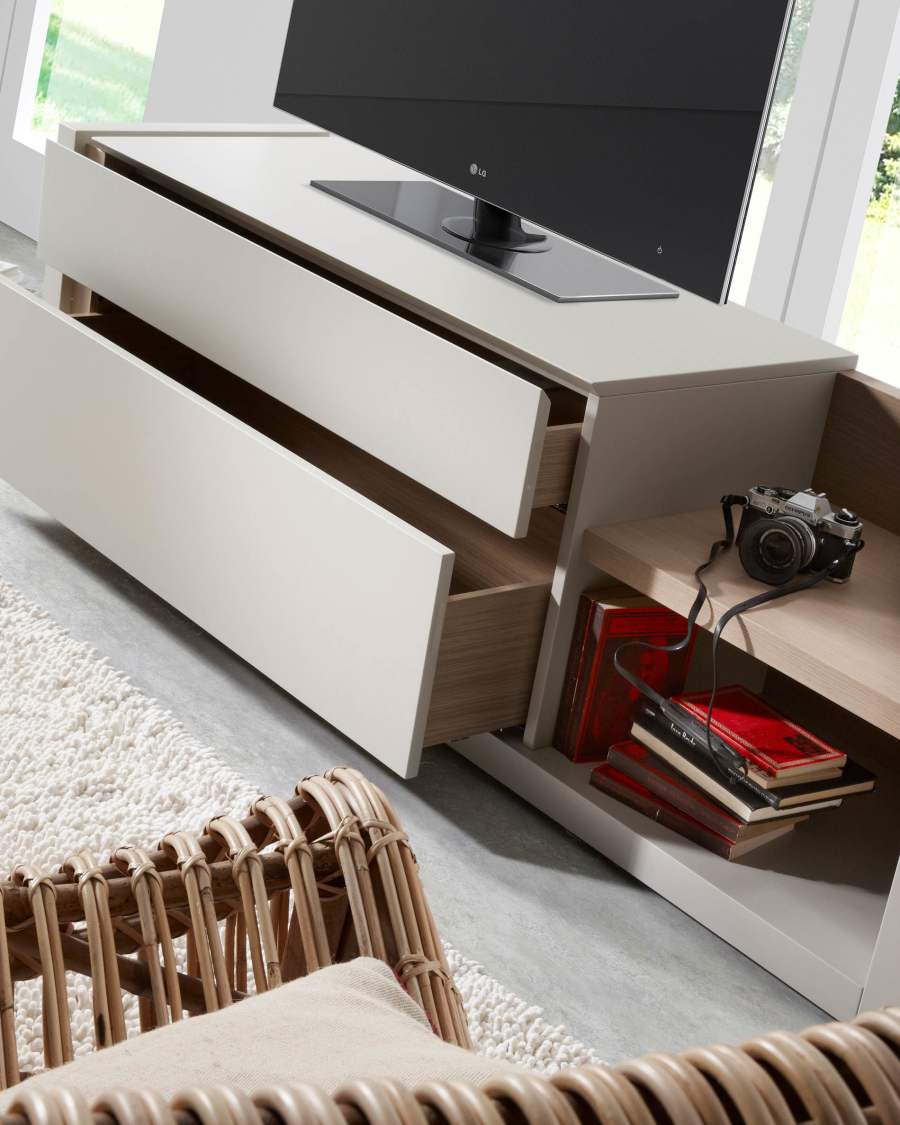 DE TV stand with white lacquer and oak veneer details 170 x 52 cm