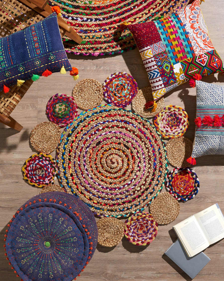 Ginnis round rug made from multicolour jute and cotton, Ø 100 cm