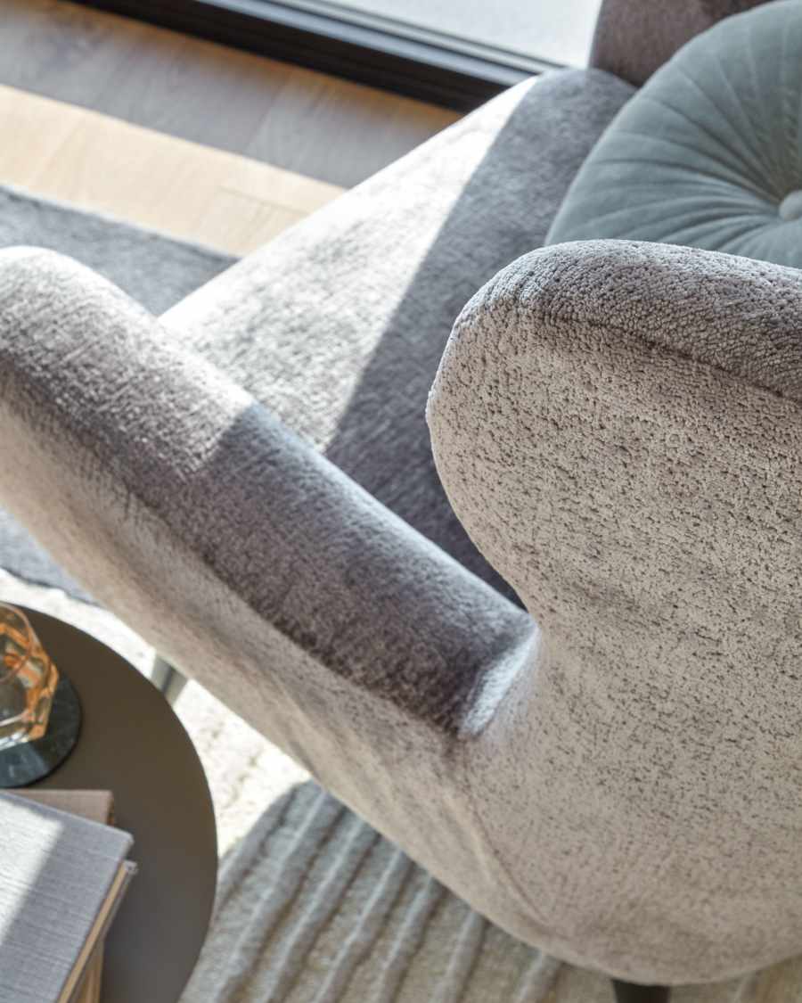 Patio armchair in grey with solid, natural rubberwood legs in black