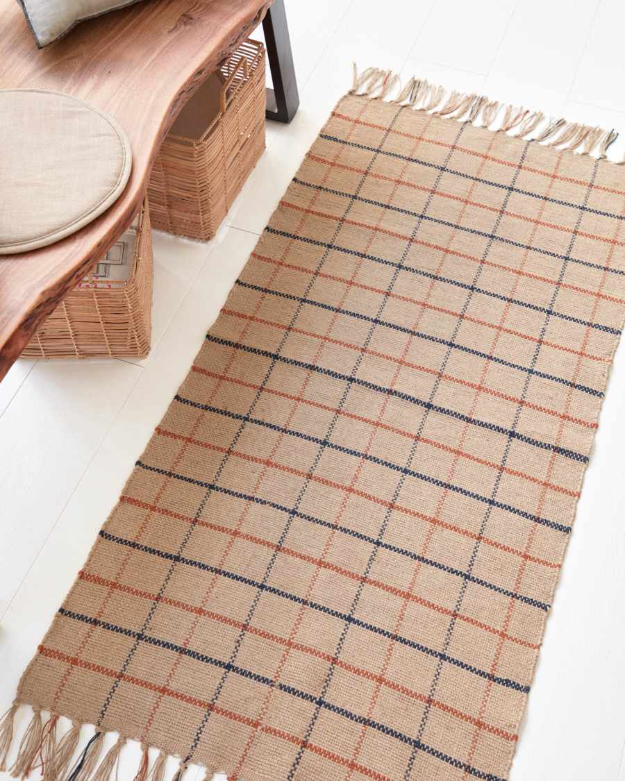 Badia natural rug with garnet and dark blue stripes 70 x 140 cm