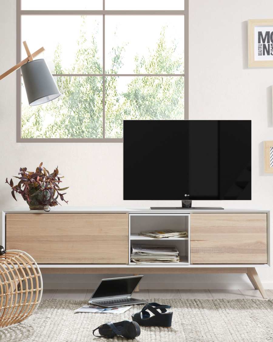 Eunice ash wood veneer and white lacquer TV stand with 2 doors, 174 x 56 cm