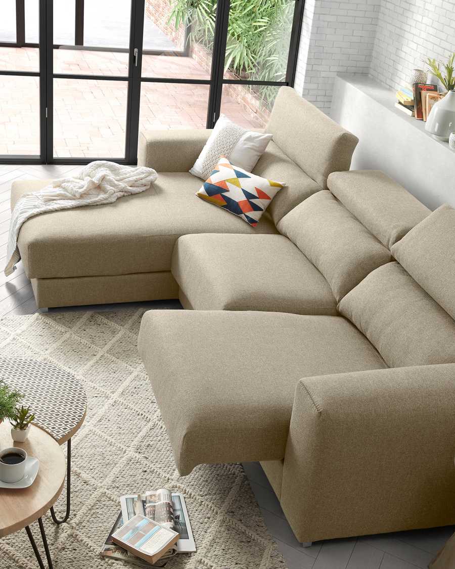 Atlanta 3 seater sofa with chaise longue in beige, 290 cm