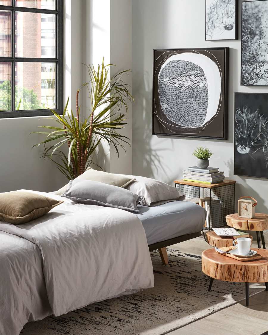 Canapé convertible Eveline 3 places beige et structure bois 195 cm