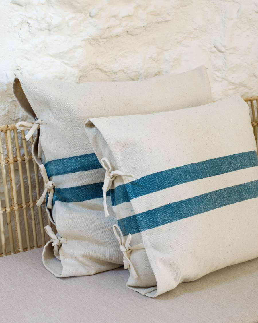 Funda coixí Ziza 100% cotó ratlles gruixudes blau i blanc 45 x 45 cm