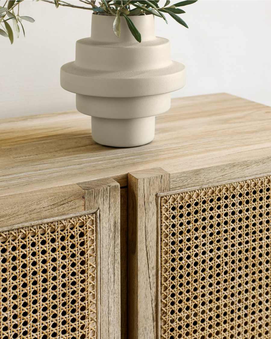 Rexit sideboard with 4 doors in solid and veneer mindi wood with rattan, 180 x 78 cm