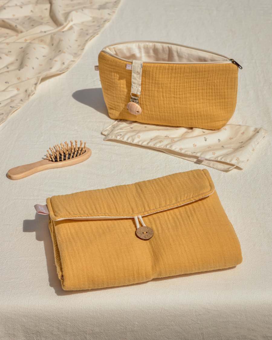 100% organic cotton (GOTS) Breisa wash bag in mustard yellow