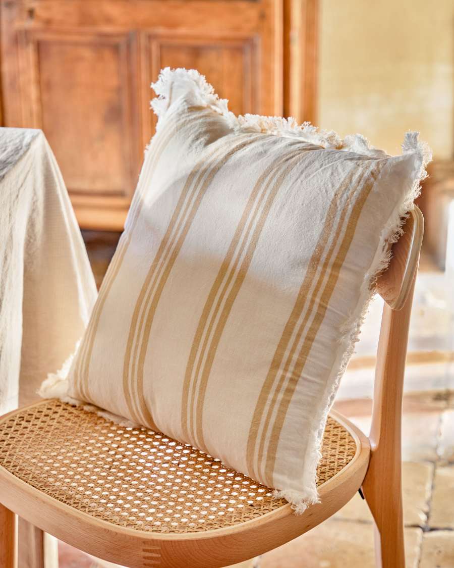 Housse de coussin Dawa en coton et lin à rayures blanches et beiges 45 x 45 cm