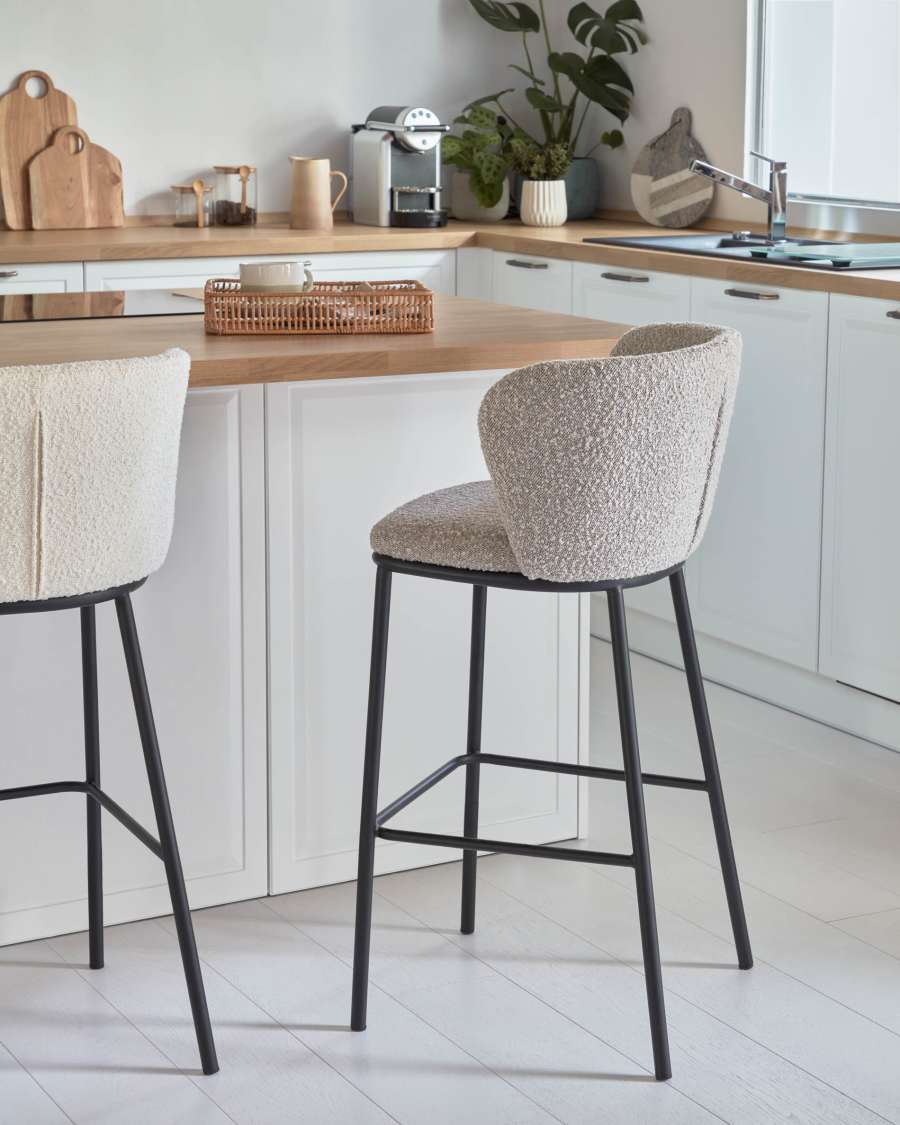 Ciselia stool with light grey bouclé and black steel legs height 75 cm FSC Mix Credit