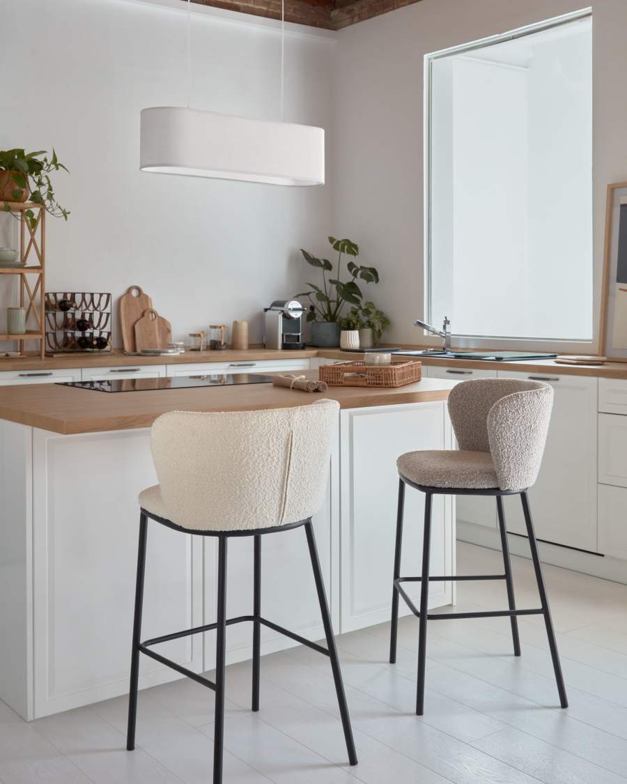 Ciselia stool with light grey bouclé and black steel legs height 75 cm FSC Mix Credit