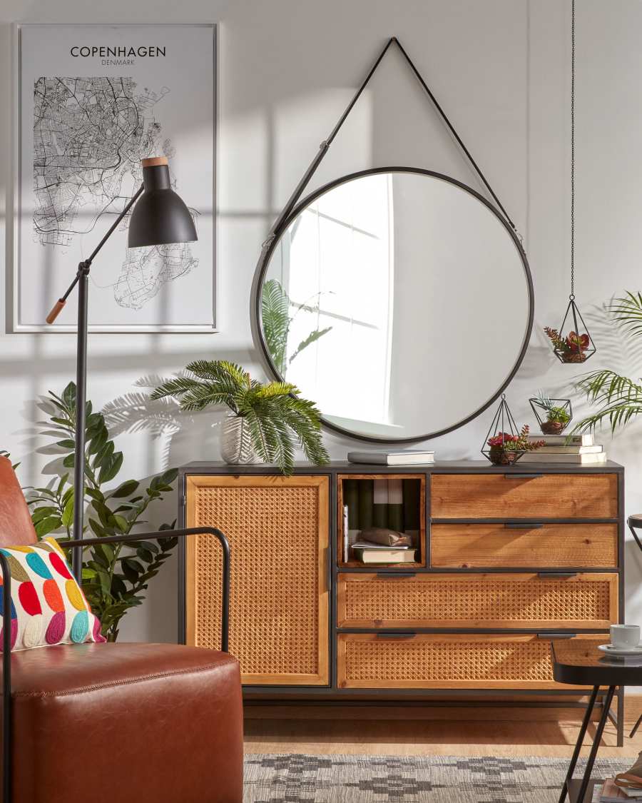 Raintree MDF and faux leather mirror in black, Ø 50 cm